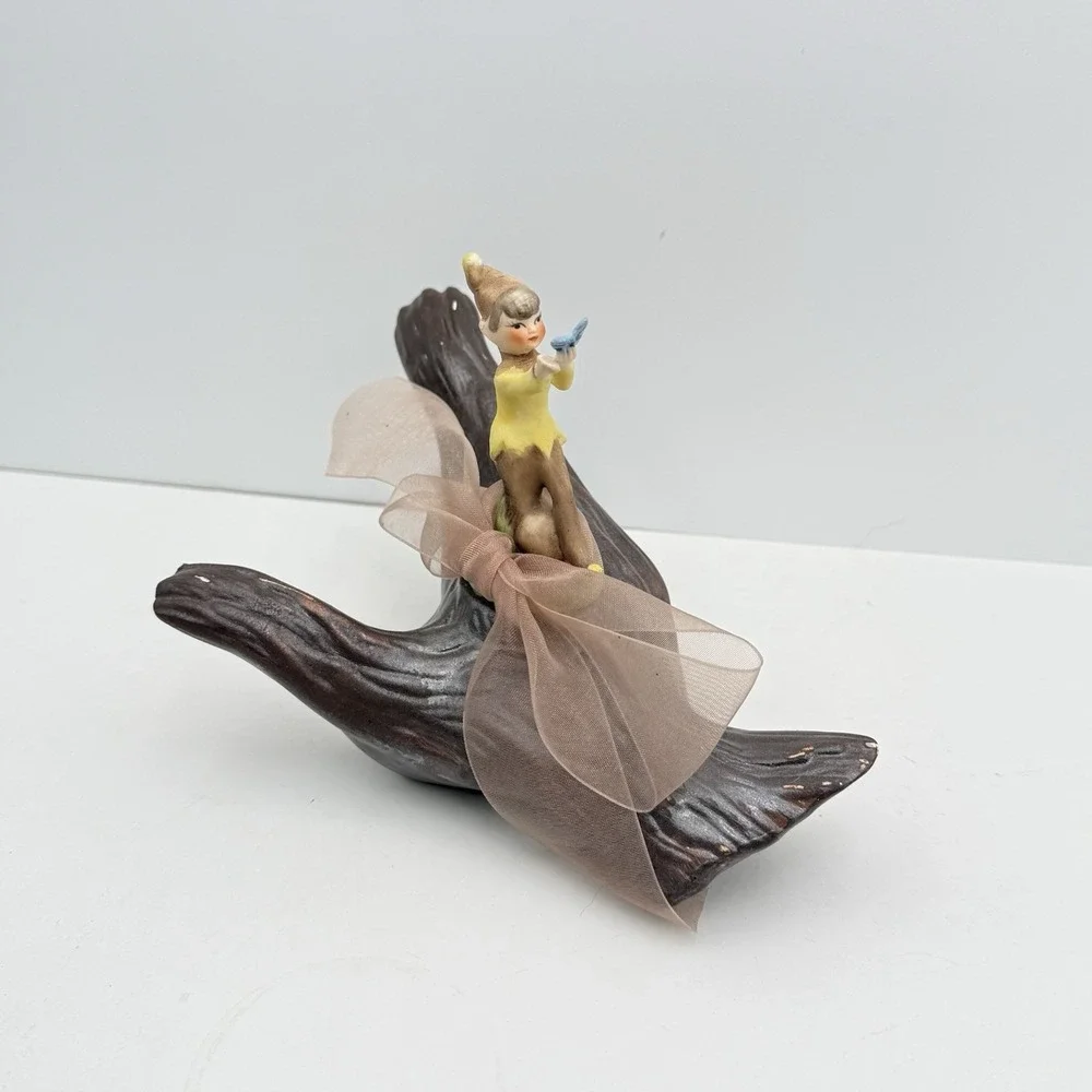 Vtg 50s Ceramic Girl Garden Pixie Elf On Log w/ Butterfly Kitschy Mid Century